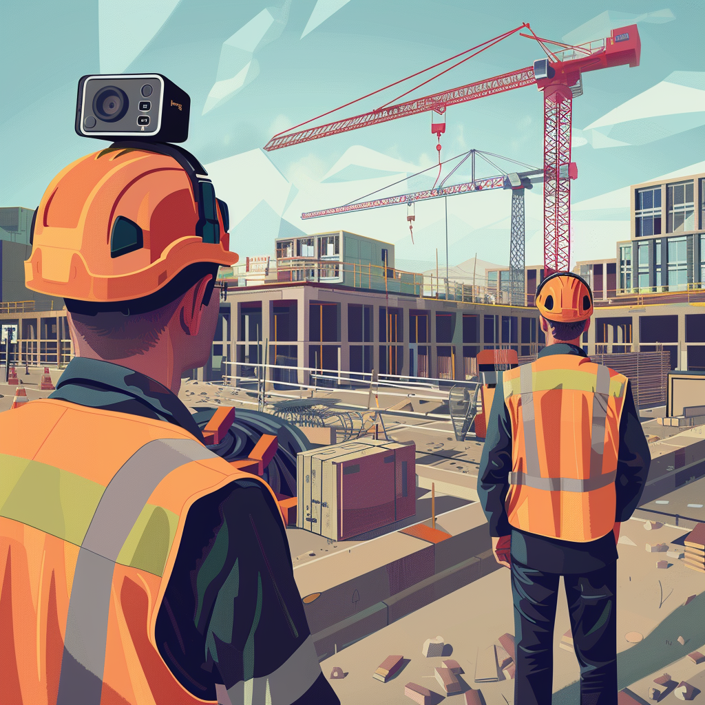 Deux ouvriers sur un chantier de construction, l'un portant une caméra 360 sur son casque et observant des grues en action sur le site.