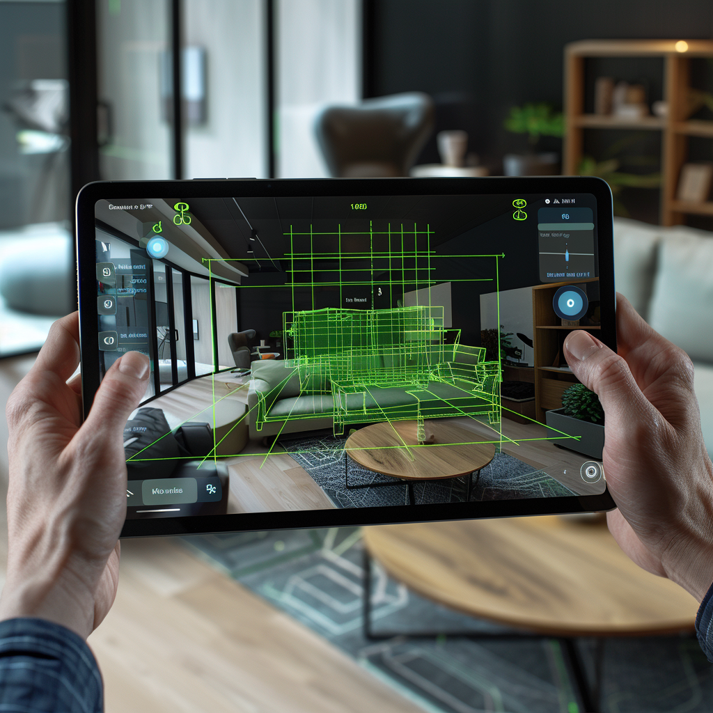 Personne utilisant une tablette pour mesurer et modéliser en 3D l'intérieur d'un appartement moderne, technologie BIM en action.