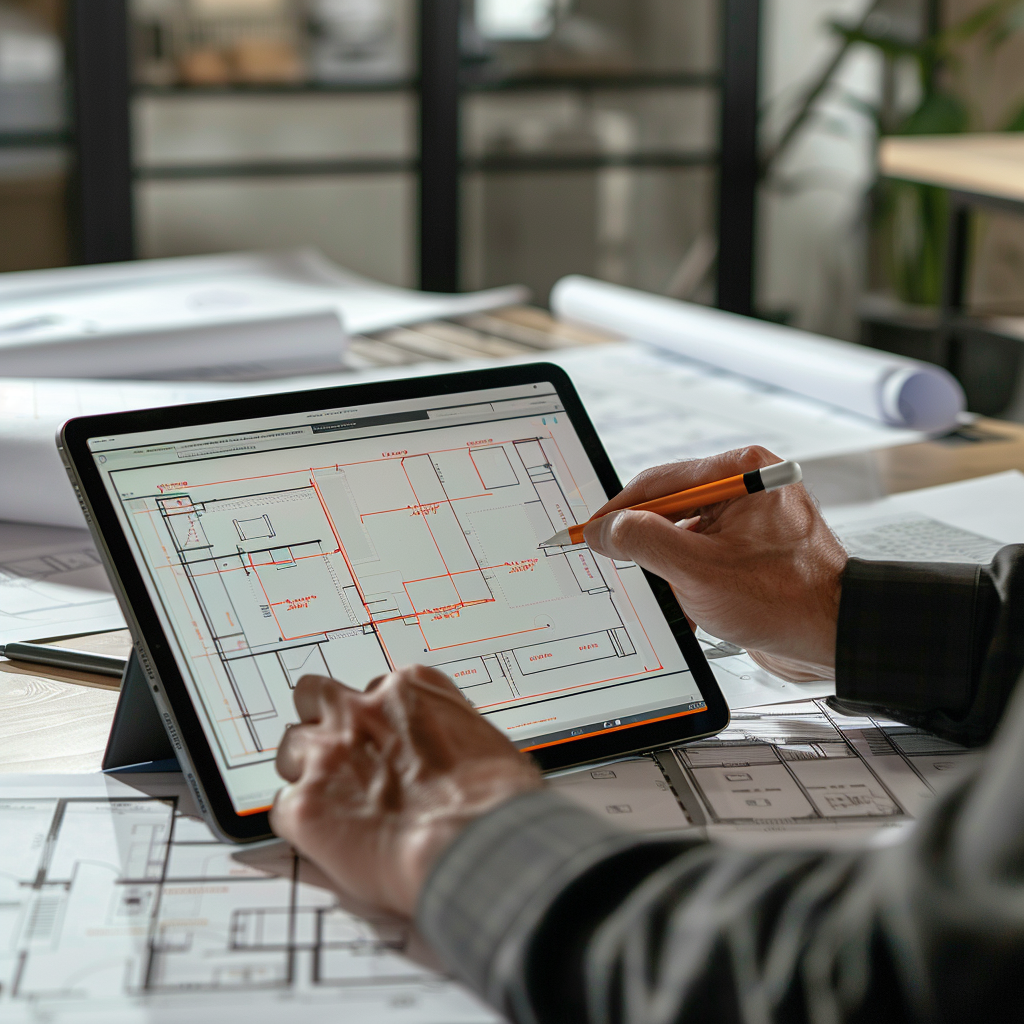 Architecte ou gestionnaire de projet utilisant une tablette Apple iPad Pro pour calculer les surfaces murales sur un plan numérique et automatiser la création d'une offre de prix. L'écran de la tablette affiche un plan de construction détaillé avec des mesures annotées. Des plans et des dessins sont étalés sur la table. Cette image montre l'utilisation de technologies avancées pour améliorer la précision des devis et optimiser les propositions pour remporter des contrats tout en garantissant la rentabilité.