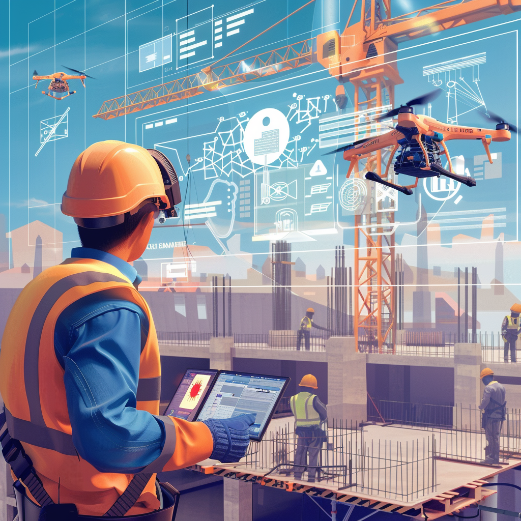 Une image qui illustre l'utilisation des nouvelles technologies pour le suivi des chantiers de construction, mettant en avant la gestion des ressources humaines, du temps et de l'argent. L'image doit montrer un chantier de construction moderne avec des travailleurs en action, entourés d'éléments graphiques et holographiques représentant des calendriers, des horloges, des graphiques financiers et des indicateurs de performance. Au premier plan, un professionnel de la construction surveille le chantier, tandis que des drones survolent la zone, collectant des données en temps réel. En arrière-plan, on peut voir des écrans géants affichant des tableaux de bord numériques avec des métriques de progression du projet et des budgets. La scène doit dégager une ambiance de haute technologie, de précision et de gestion efficace.