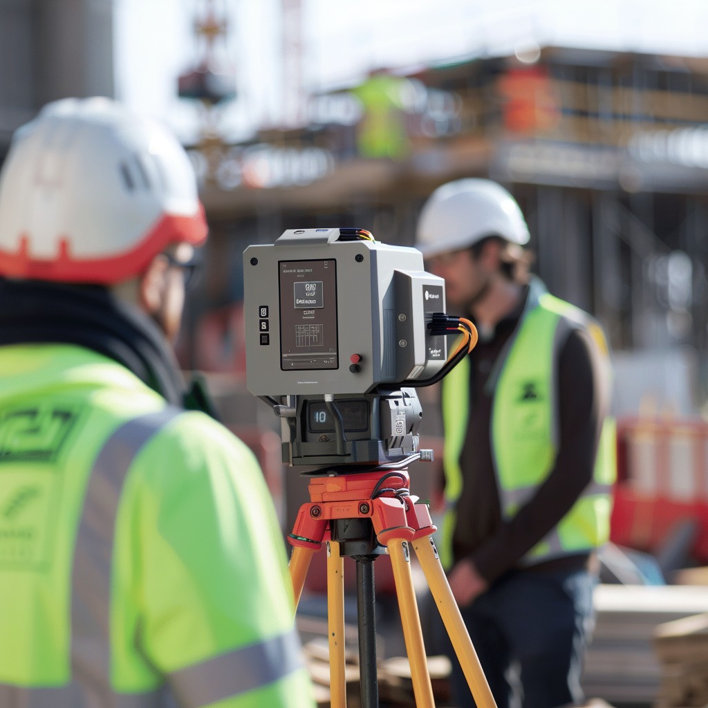 Une image qui illustre l'utilisation des nouvelles technologies pour effectuer des mesures précises dans le secteur de la construction. L'image doit montrer un chantier de construction moderne avec des travailleurs utilisant des scanners laser pour mesurer des structures avec précision. Des drones équipés de caméras et de capteurs survolent la zone, collectant des données détaillées en temps réel. Au premier plan, un professionnel de la construction analyse les données sur un ordinateur portable, avec des hologrammes de modèles 3D du chantier apparaissant autour de lui. En arrière-plan, des écrans affichent des représentations numériques des mesures et des plans du site. La scène doit transmettre une ambiance de haute technologie, de précision et d'innovation.