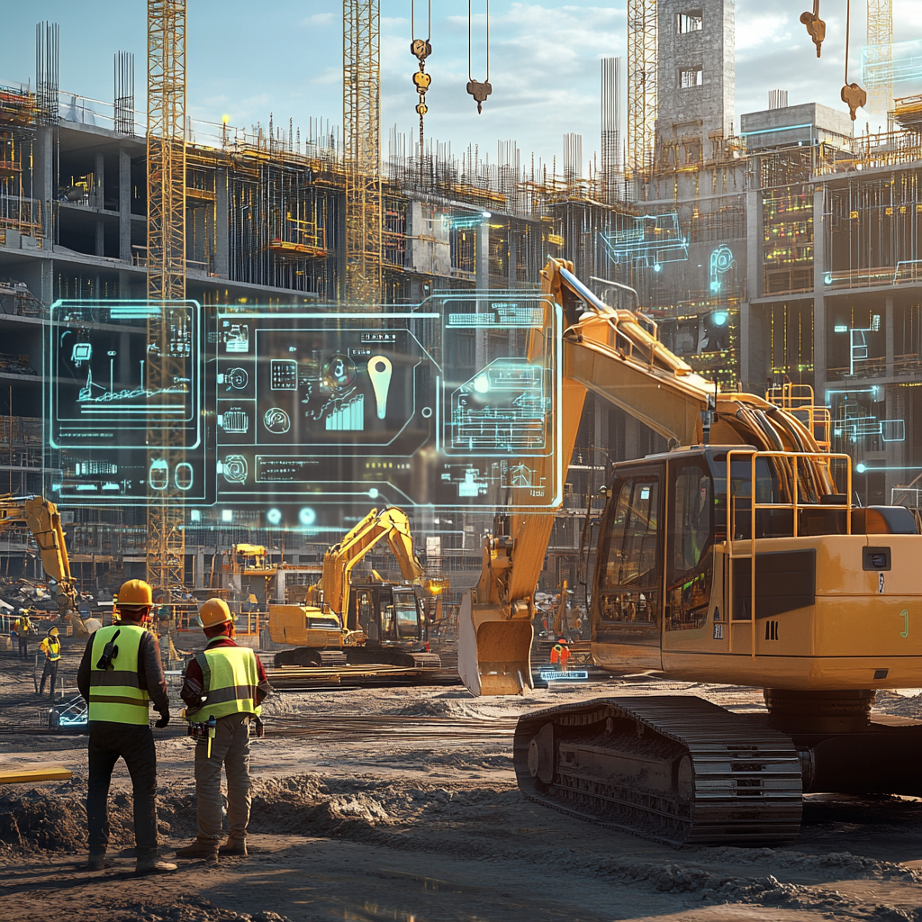 Image d'un chantier de construction digitalisé. Des machines et tractopelles ainsi que des ouvriers sont visible